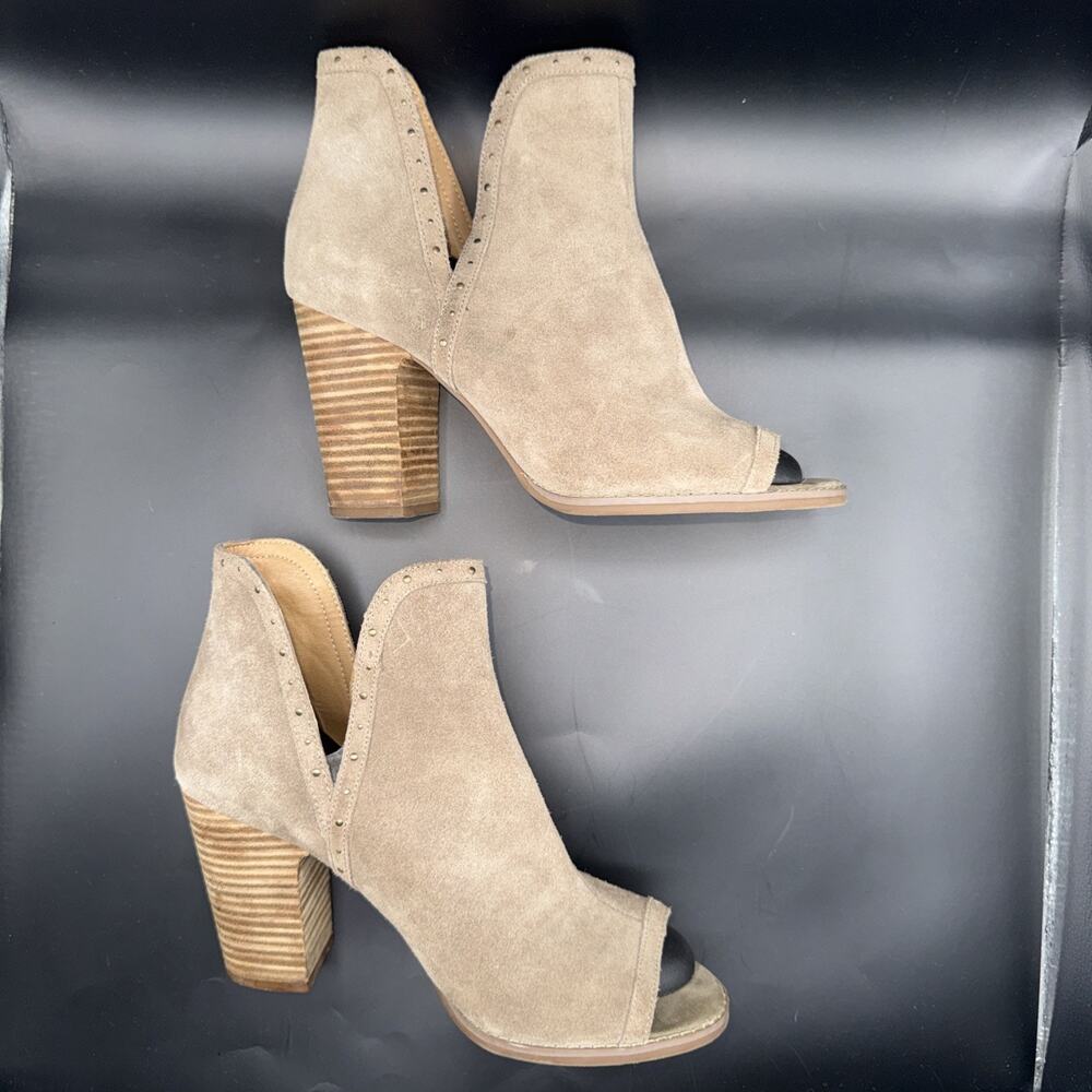 Lucky Brand Peep Toe Booties [9.5] Taupe Tan Suede Ankle Boots Block Heel